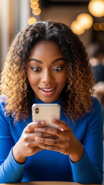A young black, pretty woman in blue, looking at her smartphone with a shocked, happy expression #3