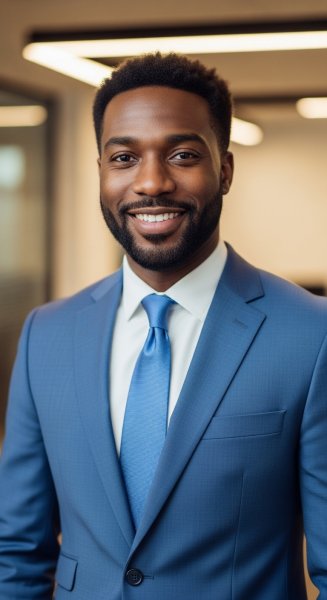 A black man dressed in blue professional attire and smiling #4