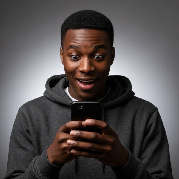 A young black man wearing a hoodie, looking at his smartphone with a shocked, happy expression #2