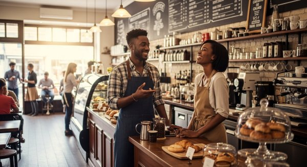 A young black man and woman looking happy, standing in their coffee shop #2