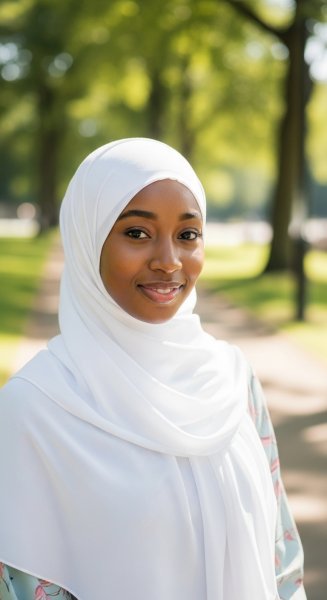 A black Muslim lady with a white hijab on her head #1