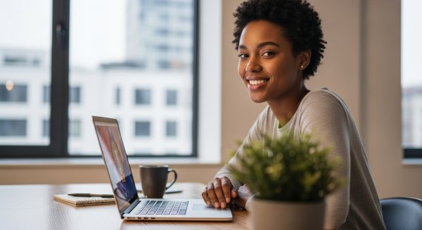 A young, pretty black lady sitting behind her laptop and smiling #4