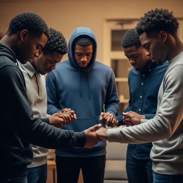 A group of black young guys holding their hands in a circle and praying #2