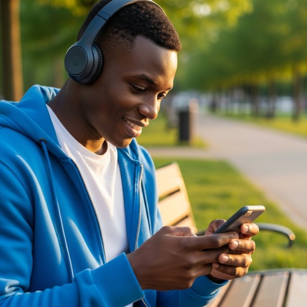 A young, pretty African guy in blue, looking down at his phone with a headset and smiling #3