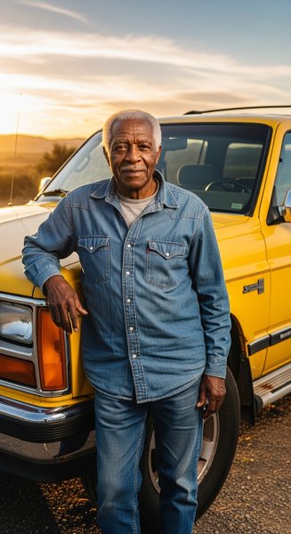 An old black man standing by his yellow SUV #1