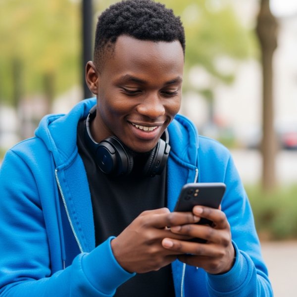 A young, pretty African guy in blue, looking down at his phone with a headset and smiling #2