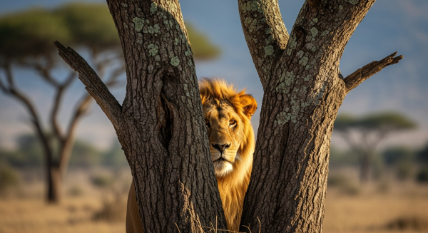Lion standing behind two trees