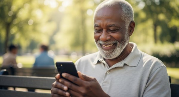 An old black man looking on his phone and smiling #3