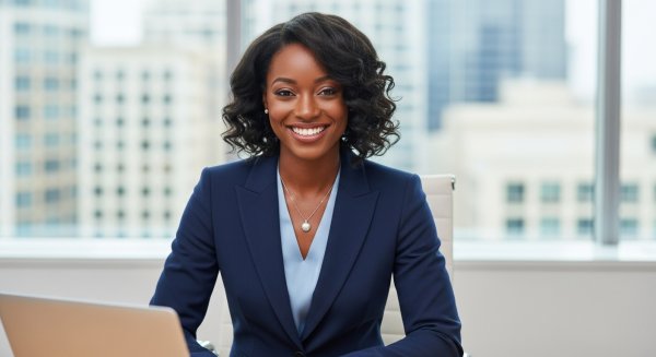 A black woman dressed in blue professional attire and smiling #2