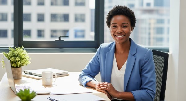 A happy young black woman in professional attire in her office #1