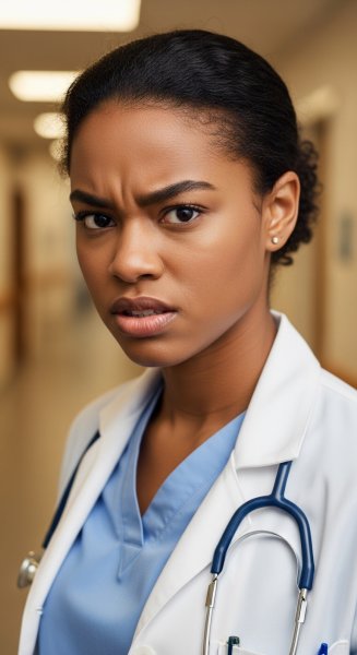 A young, pretty black doctor with an angry face #3