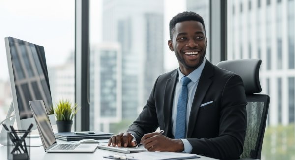 A happy young black man in professional attire in his office #4