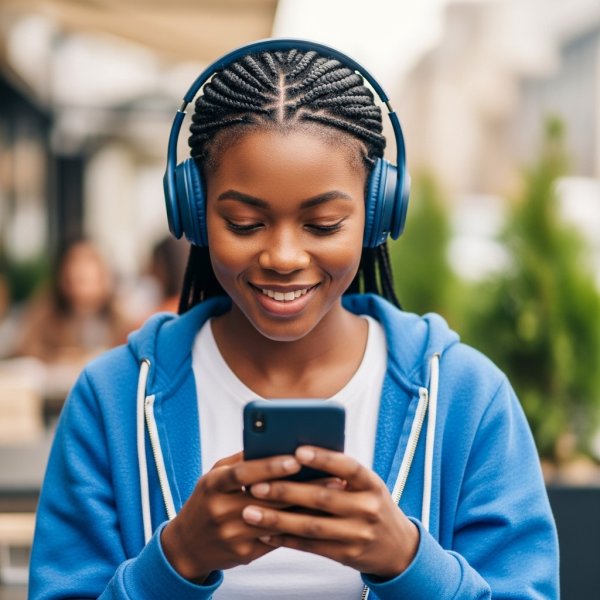 A young, pretty African lady in blue, looking down at her phone with a headset and smiling #2