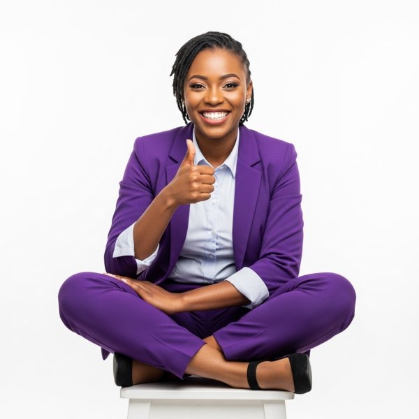 A black woman sitting cross-legged, smiling and giving thumbs up in a professional purple outfit #4