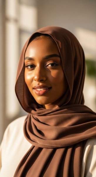 A black Muslim lady with a brown hijab on her head #1