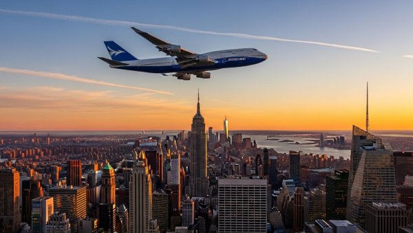 An airplane flying over Manhattan #1