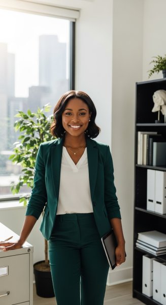 A pretty black lady in a green professional attire #1