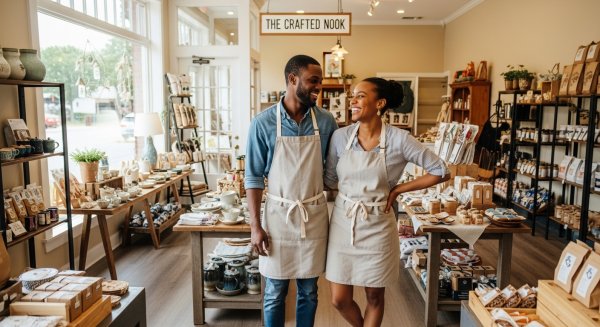 A young black man and woman looking happy, standing in their shop #3