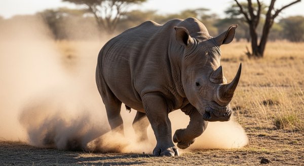 A rhino charging forward with dust around #3