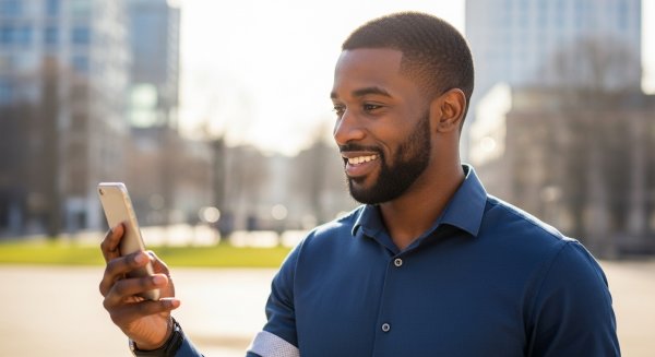 A handsome black man holding his phone and smiling #4