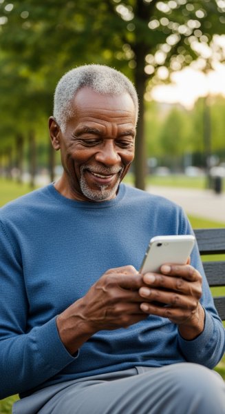 An old black man looking on his phone and smiling #3