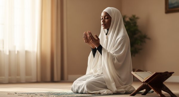 A black Muslim lady with a white hijab praying #2