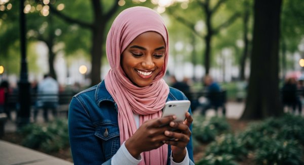 A black Muslim lady with a pink hijab looking on her phone #2