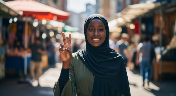 A black Muslim lady with a black hijab hoding 2 fingers up #2