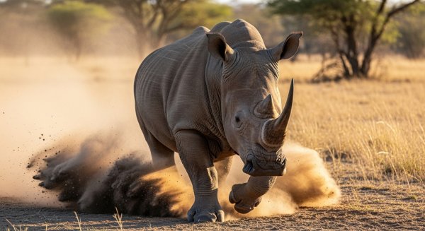 A rhino charging forward with dust around #2
