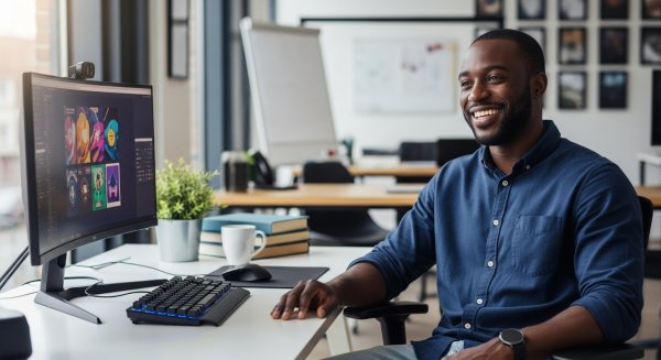 A happy black man sitting in his office with his PC #2