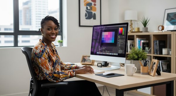 A happy black woman sitting in her office with her PC #3