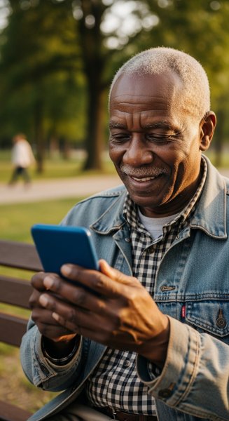 An old black man looking on his phone and smiling #1