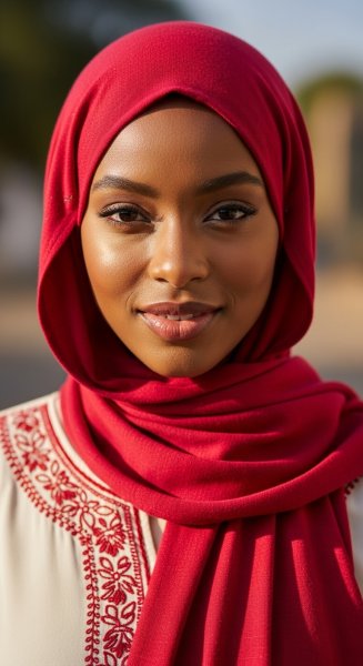 A black Muslim lady with a red hijab on her head #3