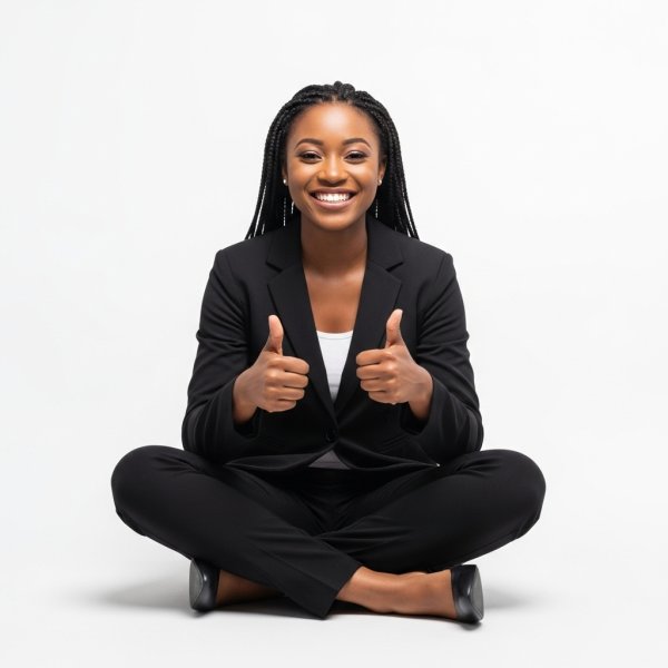 A black woman sitting cross-legged, smiling and giving thumbs up in a professional black outfit #2