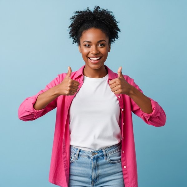 A cheerful young black pretty woman in a pink shirt, smiling confidently and giving two thumbs up #3