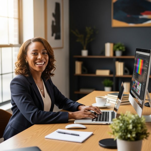 A happy black woman sitting in her office with her PC #4