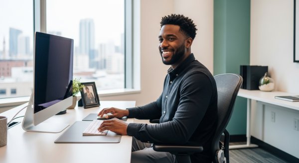 A happy black man sitting in his office with his PC #3