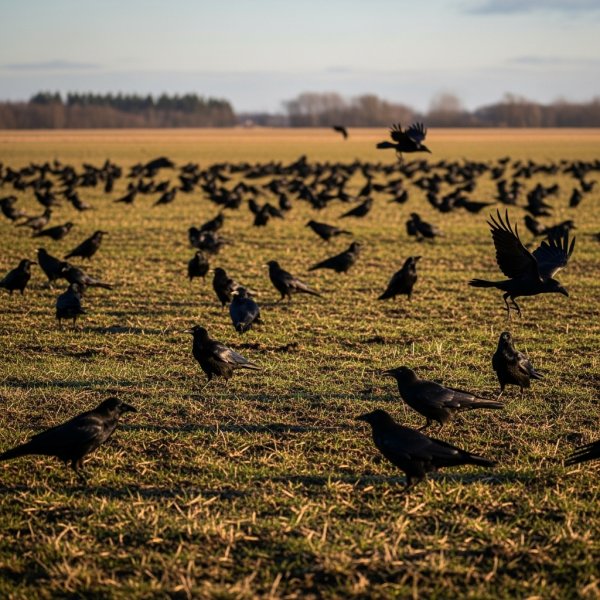 A group of black black birds in a field #1