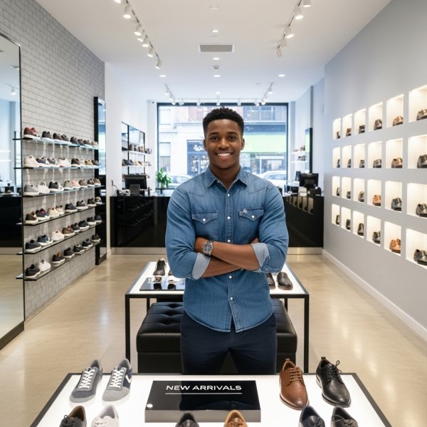 A black young man standing in his shoe shop and smiling #1