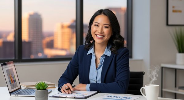 A happy young Asian woman in professional attire in her office #2