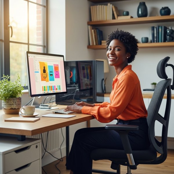 A happy African woman sitting in her office with her PC #1