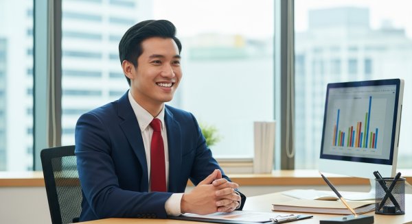 A happy young Asian man in professional attire in his office #4