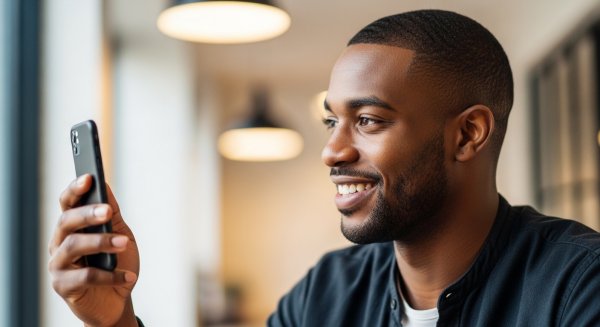 A handsome black man holding his phone and smiling #1