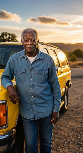 An old black man standing by his yellow SUV #2