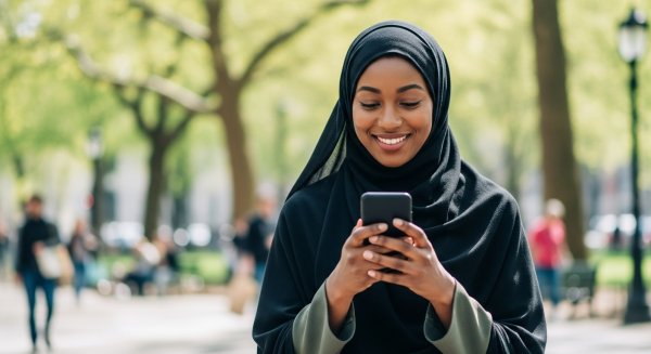 A black Muslim lady with a black hijab looking on her phone #3