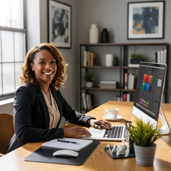 A happy black woman sitting in her office with her PC #1