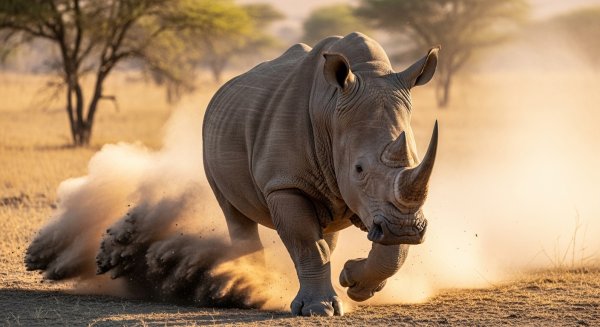 A rhino charging forward with dust around #4
