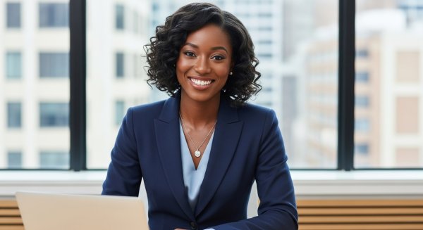 A black woman dressed in blue professional attire and smiling #4