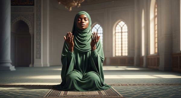 A black Muslim lady with a green hijab praying #2