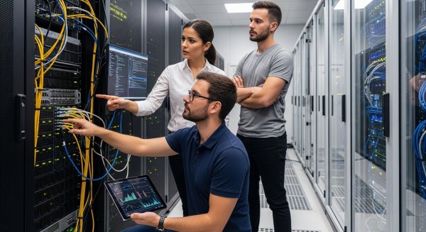 Team of 3 IT professionals in a server room #2